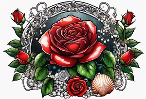 Red rose with a chain made with pearls and a seashell tattoo idea