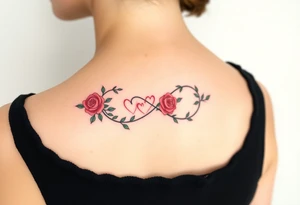 Full infinity symbol made out of vine banches with delicate roses and hearts, in soft red and green hues tattoo idea