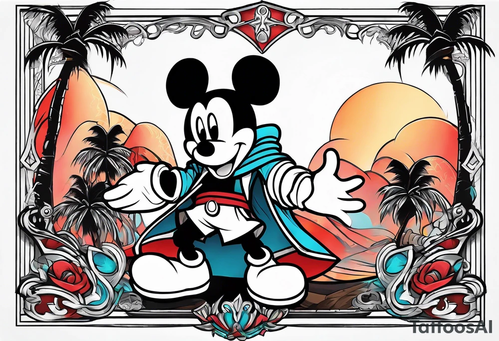 mickey mouse assassins creed character that is in the style of tron with palm trees tattoo idea