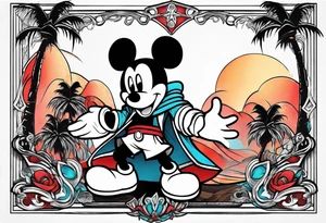mickey mouse assassins creed character that is in the style of tron with palm trees tattoo idea