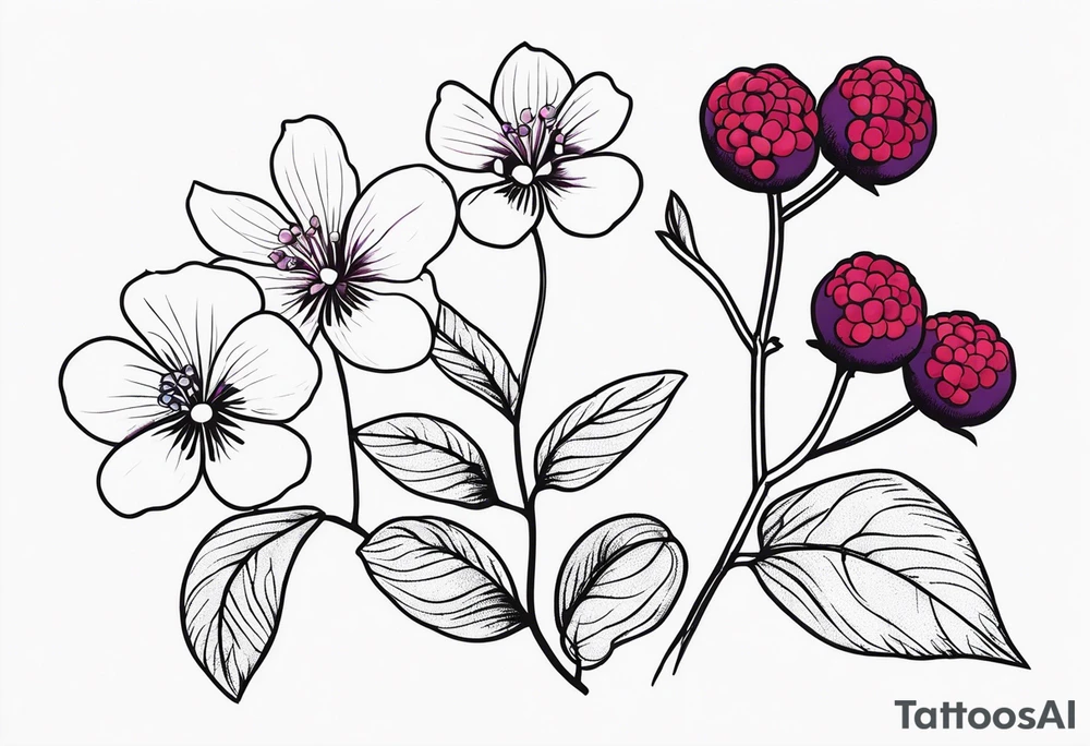 wildlower tattoo with 2 violets as the focal point.  1 small blueberry and 1 small raspberry tattoo idea