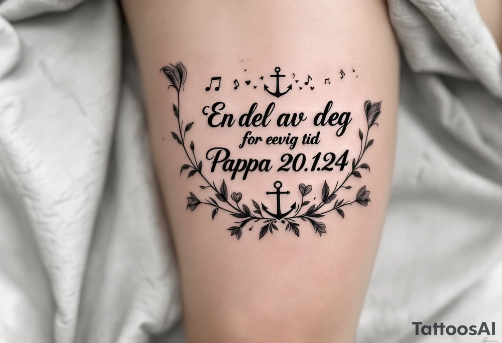 «En del av deg for evig tid
Pappa 20.12.24» Surrounded by long gladiolus, hearts, notes and an anchor tattoo idea