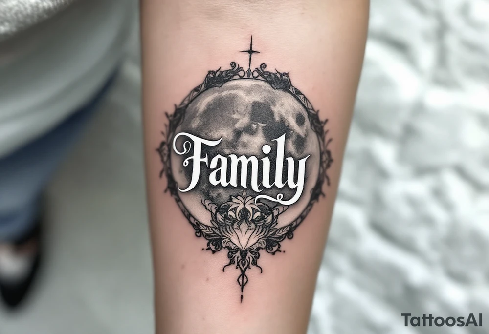 Word Family drawn in white ink over a soft gray moon, symbolizing everlasting connection. tattoo idea