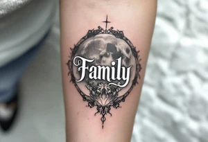 Word Family drawn in white ink over a soft gray moon, symbolizing everlasting connection. tattoo idea