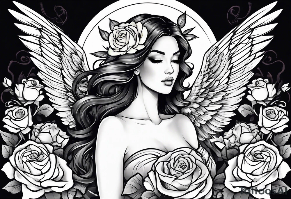 Beautiful woman angle with wings standing surrounded by roses tattoo idea
