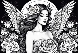 Beautiful woman angle with wings standing surrounded by roses tattoo idea