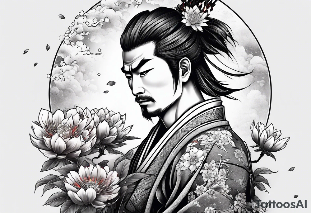 samurai experiencing enlightenment making dead flowers bloom around him tattoo idea