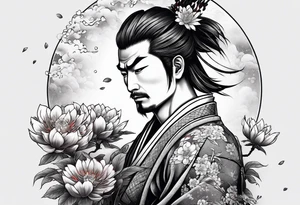 samurai experiencing enlightenment making dead flowers bloom around him tattoo idea