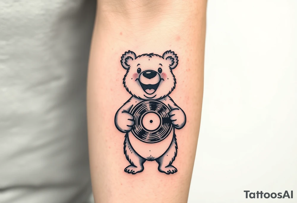 happy cartoon bear holding a vinyl record tattoo idea