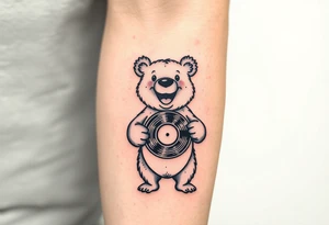 happy cartoon bear holding a vinyl record tattoo idea