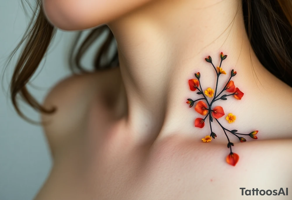 Two separate collarbone tattoos of long, thin stems and branches covered with red, orange, yellow and dark forest green leaves and flowers, muted and light, delicate and gentle but moody tattoo idea