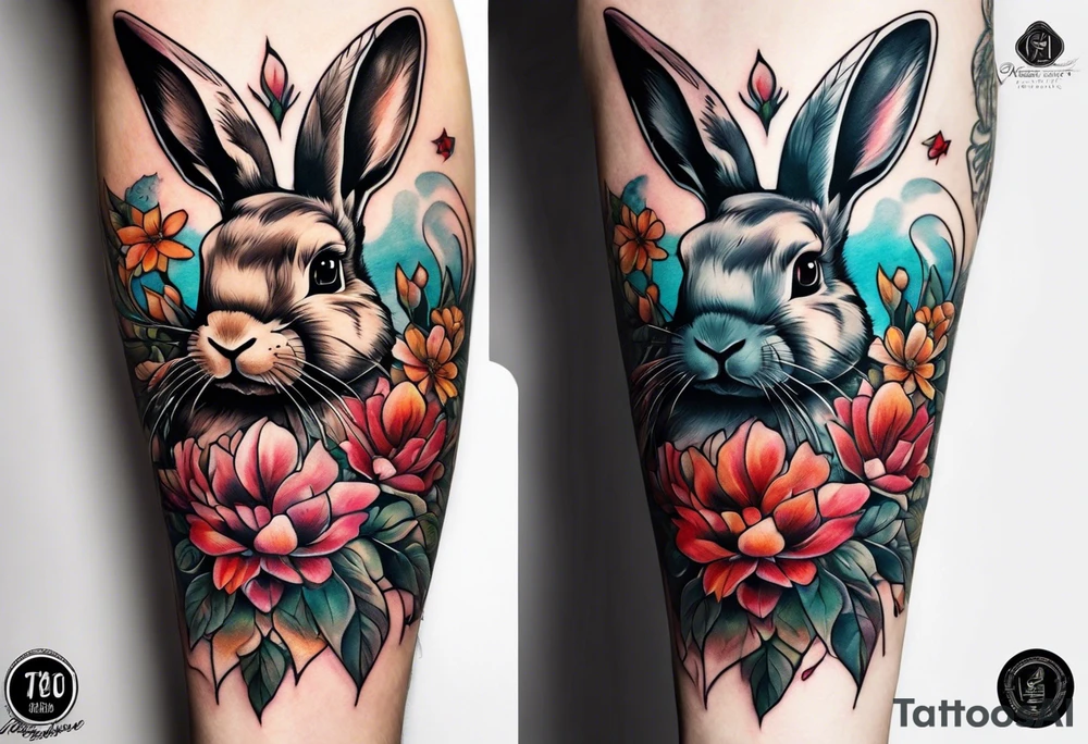 Rabbit head and flowers tattoo idea