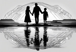 Silhouette of father standing in between daughter and younger son in front of water with reflection tattoo idea