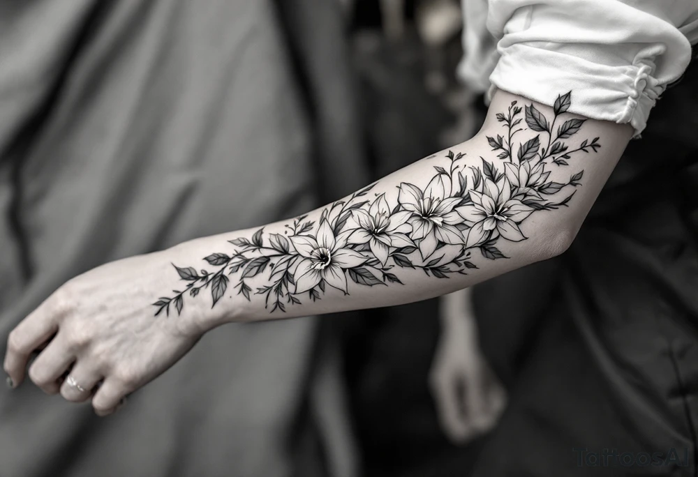 starting from a band mid-forearm, a sleeve of holly flowers and daffodils tattoo idea