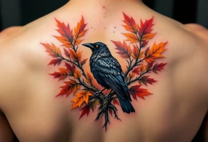 Crow with Oak Leaves – A perched crow surrounded by autumn-colored oak leaves in warm oranges, reds, and muted browns. Naturalistic with earthy tones. tattoo idea