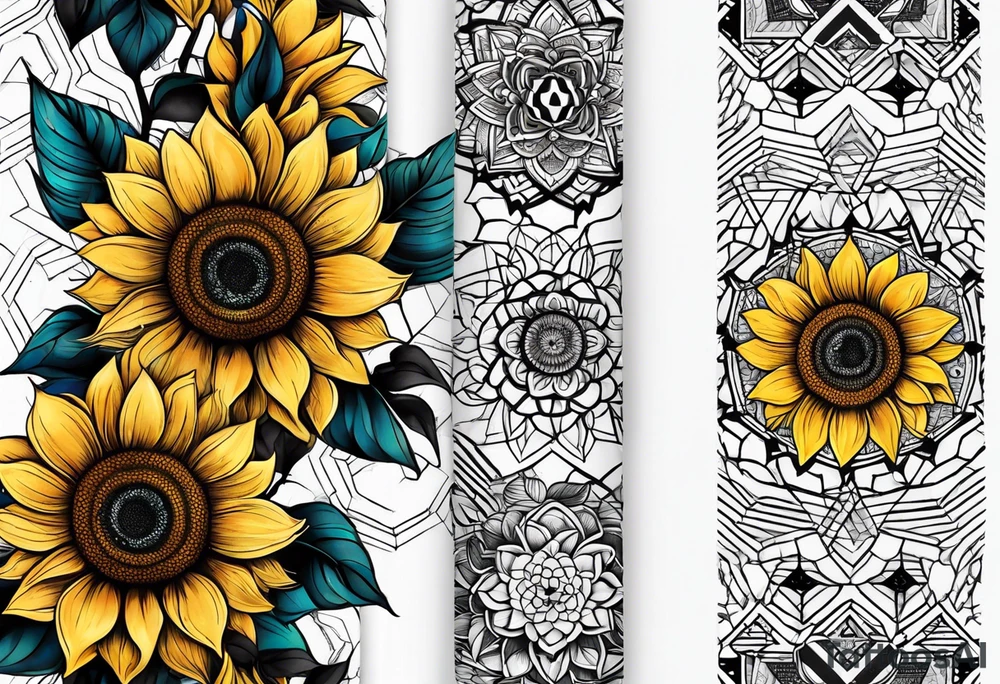 Sunflower forearm tattoo with honeycomb background and mandala wrist wrap. Sunflowers tattoo idea