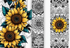Sunflower forearm tattoo with honeycomb background and mandala wrist wrap. Sunflowers tattoo idea