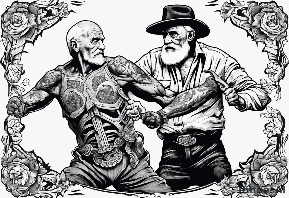 old man fighting with a skeleton tattoo idea