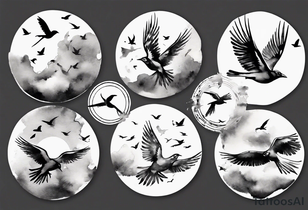 shoulder tattoo with light rays with birds flying free among the clouds, round shape, 3d effect tattoo idea