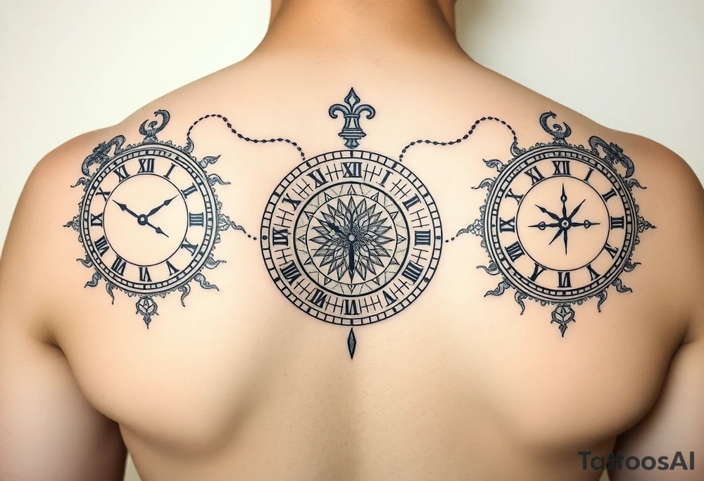 3 clocks with different times. Clock cogs and gears. Libra, Gemini and cancer star signs included in a half sleeve tattoo tattoo idea