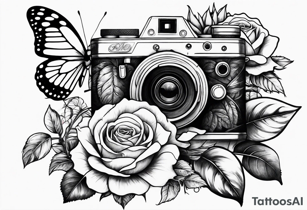 Flower : rose , sunflower, camera, small butterfly tattoo idea