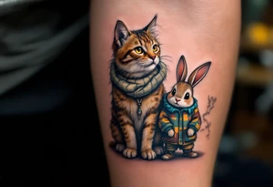 A playful cat, a loyal dog, and a tiny bunny dressed on casual human clothes tattoo idea