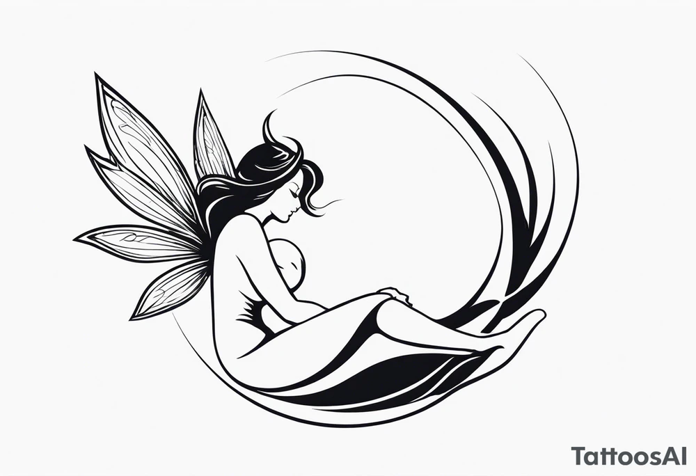 Minimalistic, monochromatic fairy with a tail flying to the left in a fetal position, leaning and looking in the same direction, with visible hands, embodying the 'Fairy Tail' logo aesthetic. tattoo idea