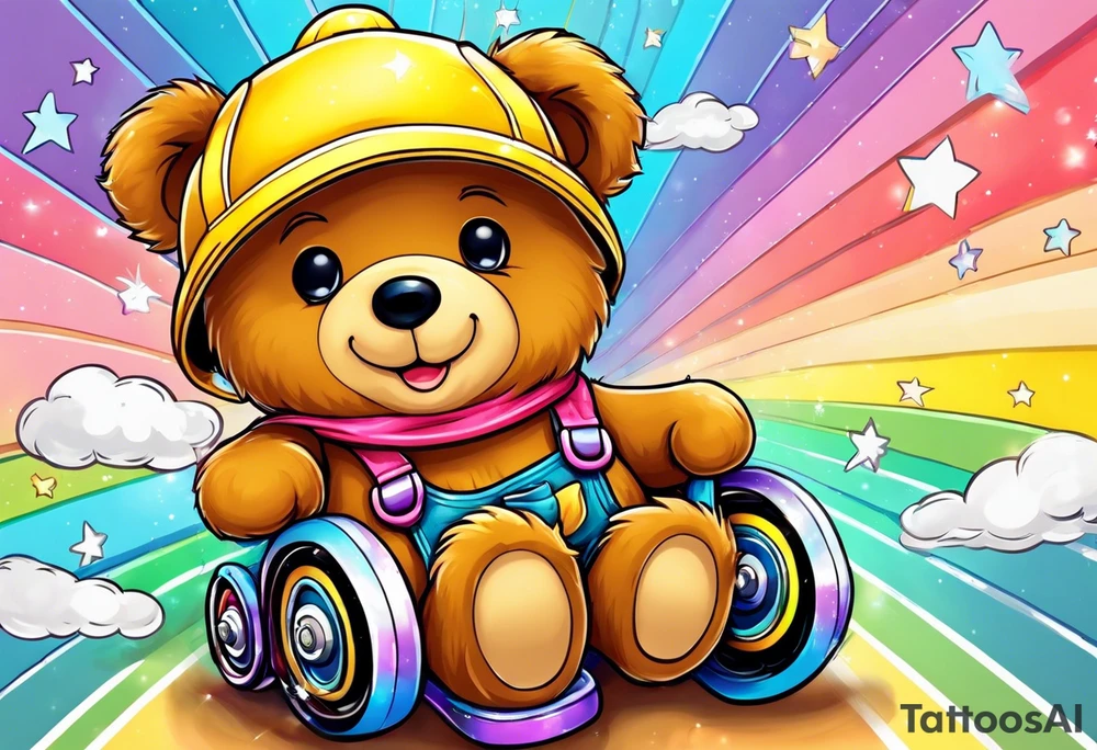A light brown teddy bear in yellow overalls and rainbow skates tattoo idea