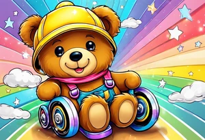 A light brown teddy bear in yellow overalls and rainbow skates tattoo idea