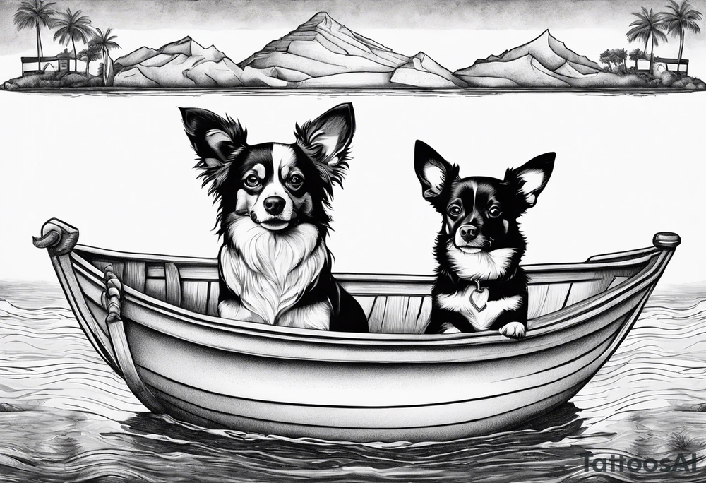 two dogs in a boat. One dog is a chihuahua with big ears. The other dog is a mutt that looks like an australian shepherd tattoo idea