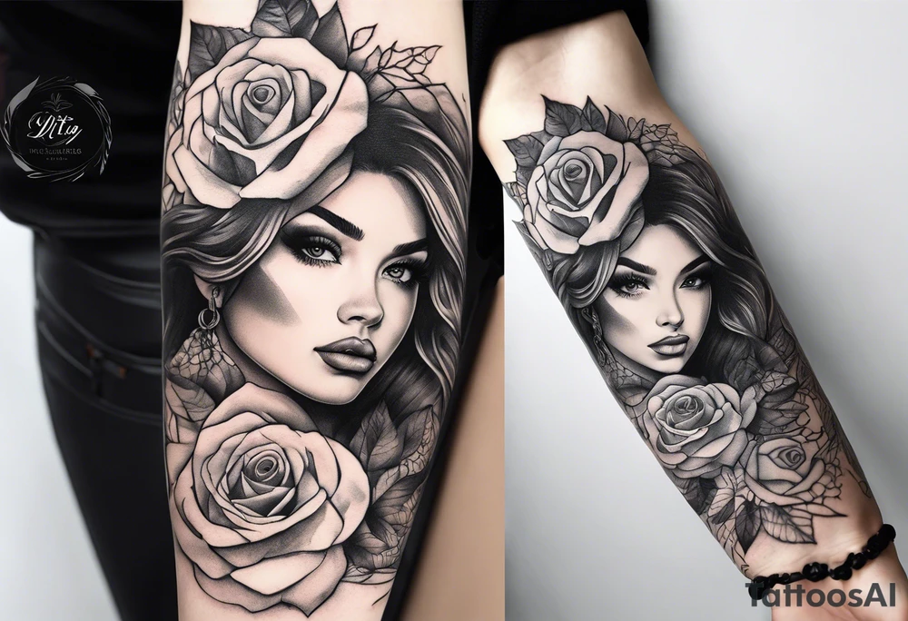 Sleeve with a pretty girls face lace rose and quote tattoo idea