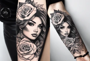 Sleeve with a pretty girls face lace rose and quote tattoo idea