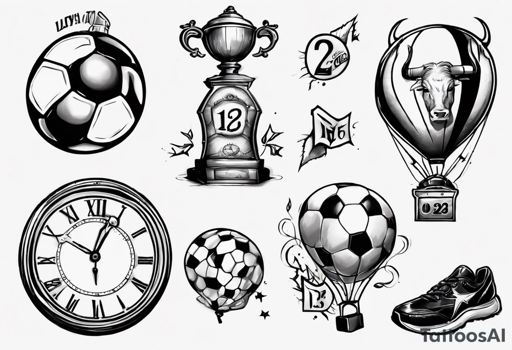 Une horloge avec le numéro 23 dedans , avec un taureau et un ballon de foot tattoo idea