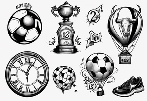 Une horloge avec le numéro 23 dedans , avec un taureau et un ballon de foot tattoo idea