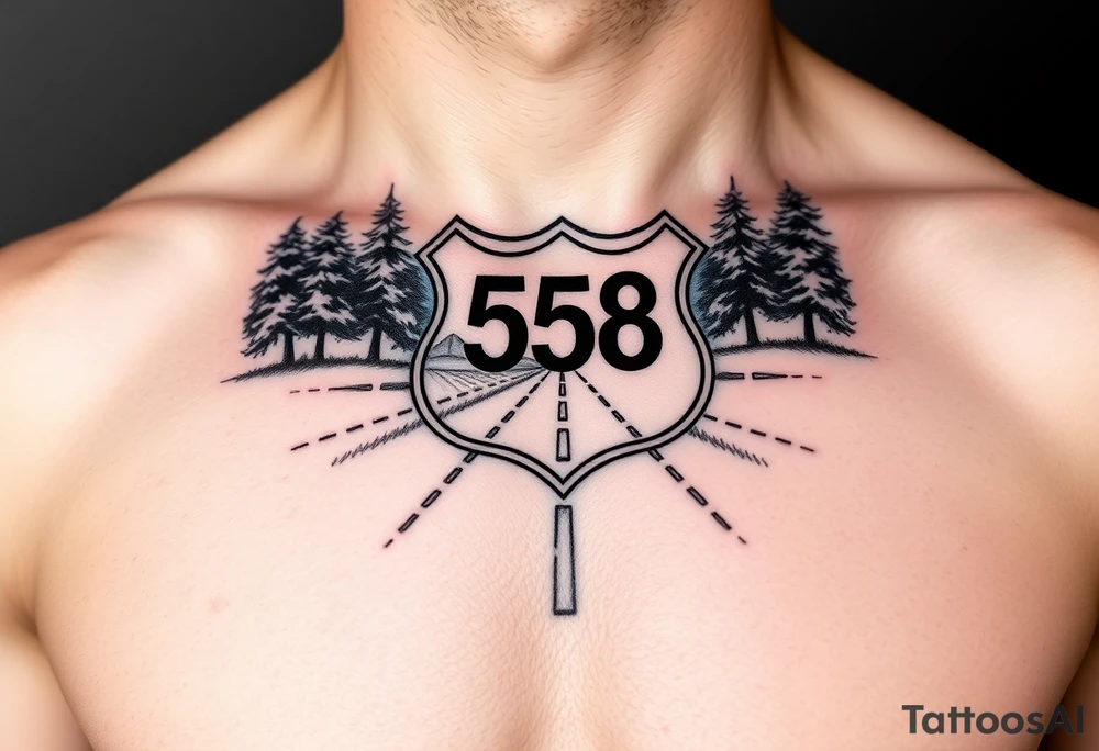 Arm sleeve small State Route sign 558, with trees all around and farm in background, road w/ view facing up the arm tattoo idea
