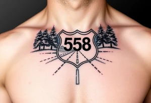 Arm sleeve small State Route sign 558, with trees all around and farm in background, road w/ view facing up the arm tattoo idea