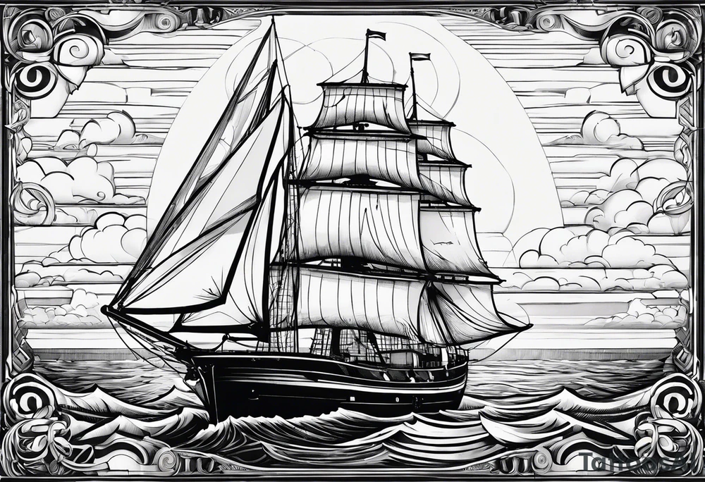 voilier vue de face. phare maritime fixé au centre du voilier et utilisé comme un mat pour les voiles. tattoo idea