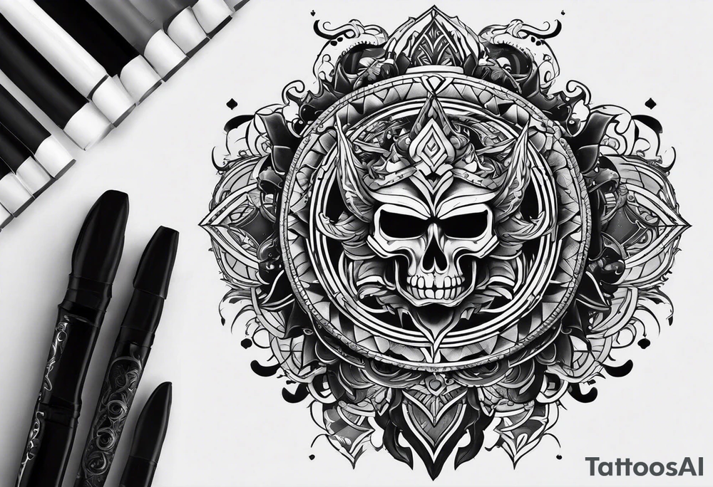 a tattoo with concept of adding buffs to luck for people who place it on their body. This tattoo will be in dark gothic and realistic art style, with Emblems presenting luck. tattoo idea