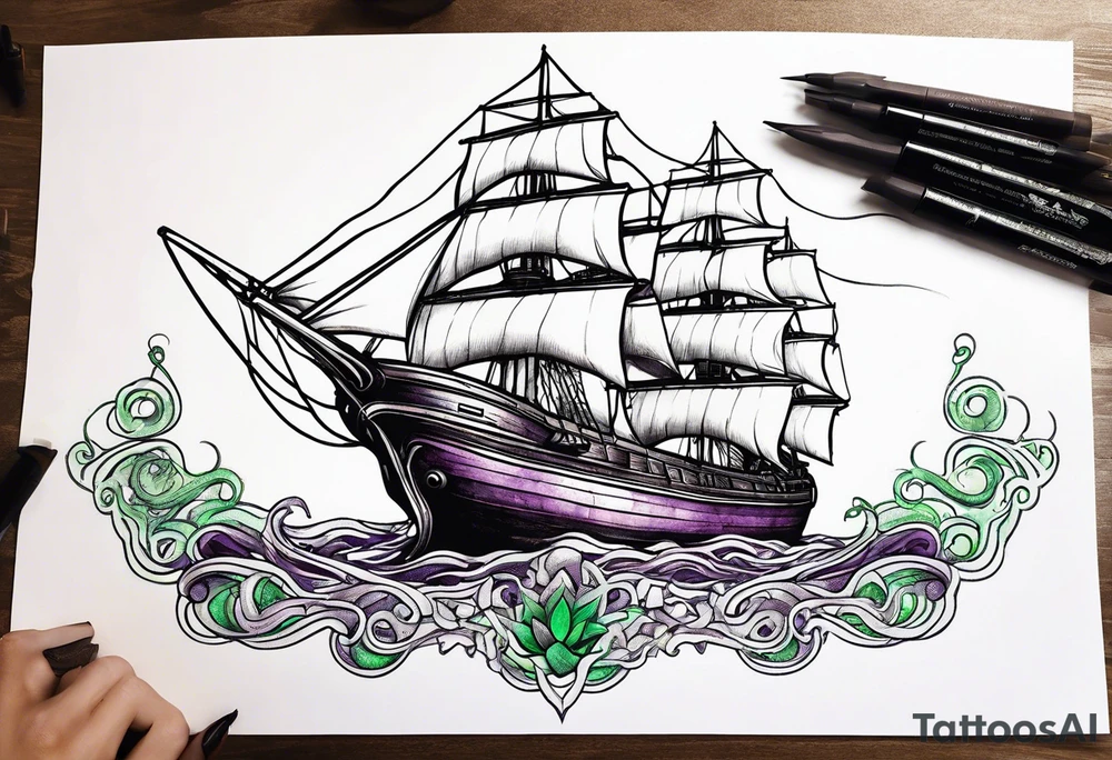 Purple and green squid  breaking brown ship tattoo idea