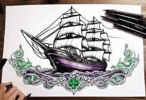 Purple and green squid  breaking brown ship tattoo idea