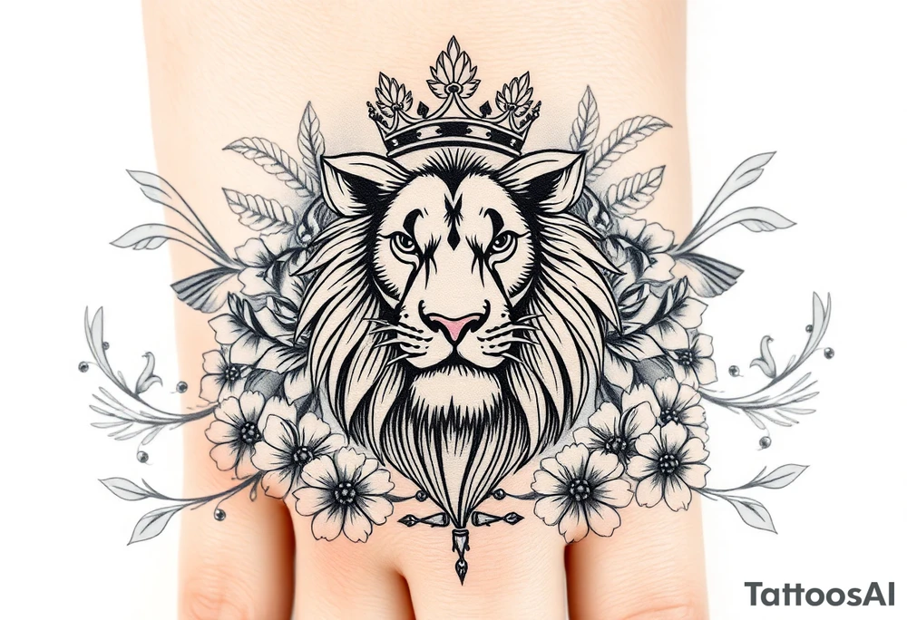 powerful majestic lion with a crown, surrounded by floral ornaments and birds tattoo idea