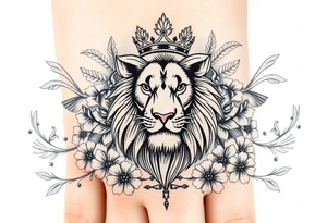 powerful majestic lion with a crown, surrounded by floral ornaments and birds tattoo idea