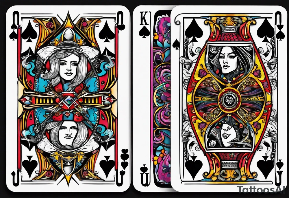 King, queen of spades cards with swords. Both cards together as a pair tattoo idea