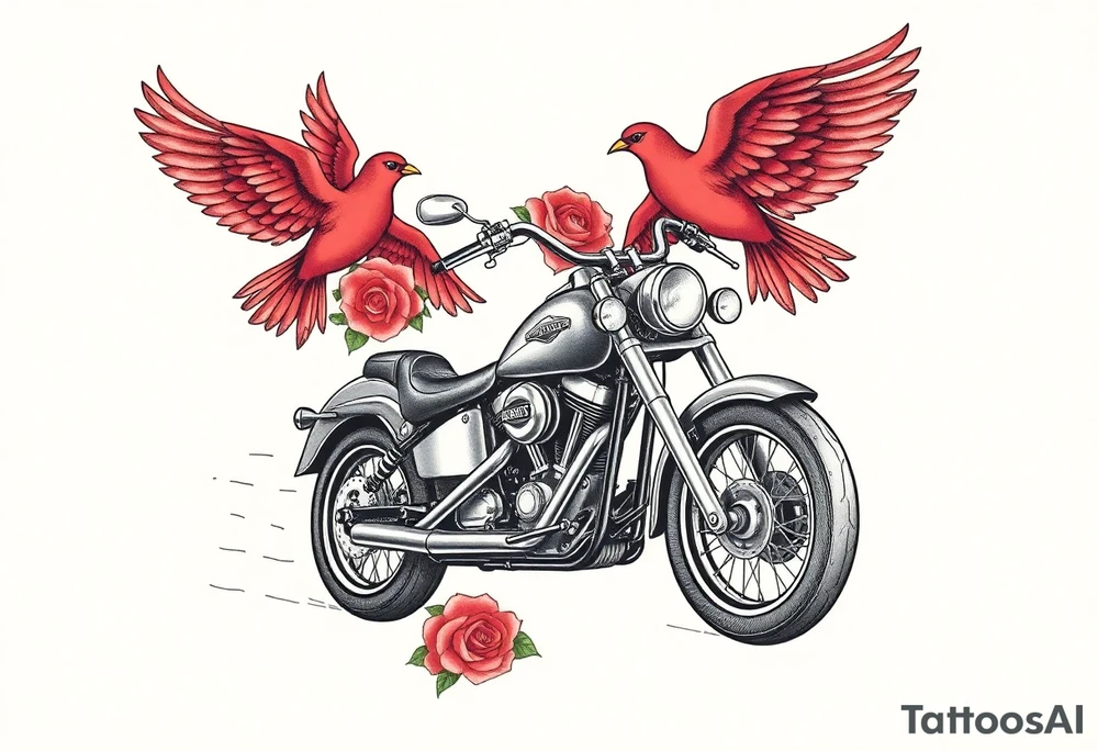 Harley grey motorcycle driving away, two red birds flying, roses, flames, angel wings tattoo idea