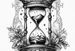 hourglass with vegetation, stars and hydrogen atoms tattoo idea