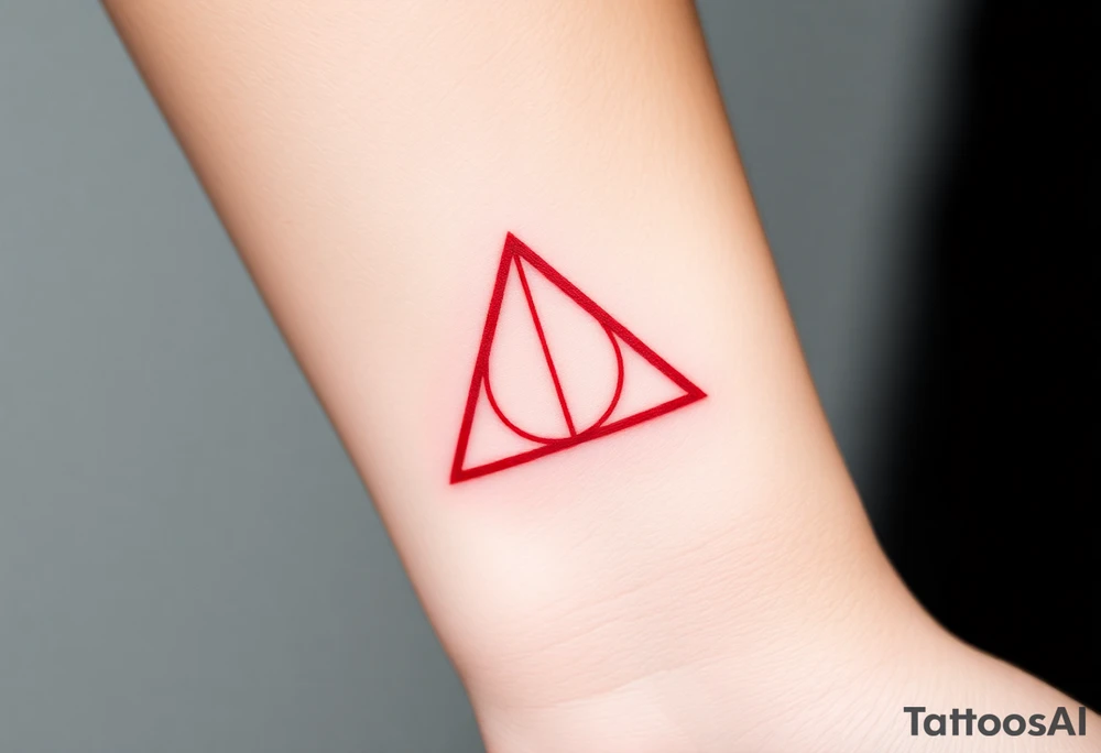 A minimalist Deathly Hallows  full symbol outline in red ink tattoo idea