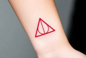 A minimalist Deathly Hallows  full symbol outline in red ink tattoo idea