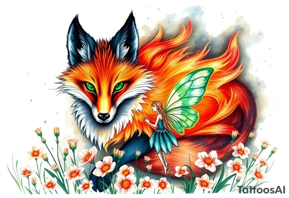 Fox made of fire with emerald jem stone eyes fairy standing close to it  in a field of lillys tattoo idea