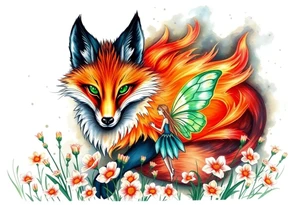 Fox made of fire with emerald jem stone eyes fairy standing close to it  in a field of lillys tattoo idea