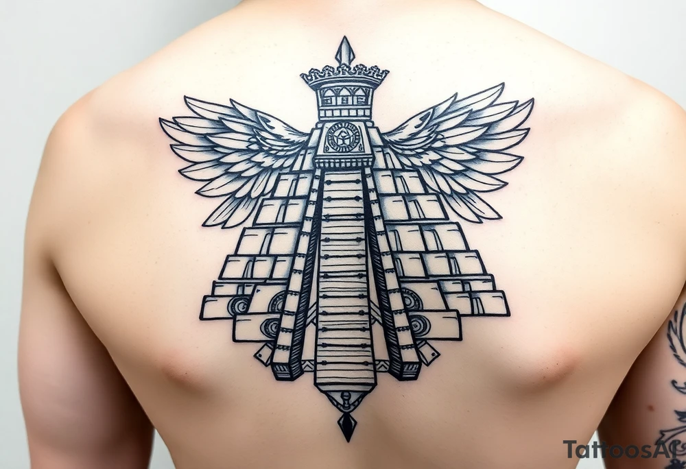 Quetzalcoatl Aztec pyramid gold treasure tattoo black and white simple tattoo idea